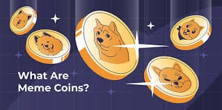 Graphic of popular meme coins with humorous designs representing cryptocurrency trends