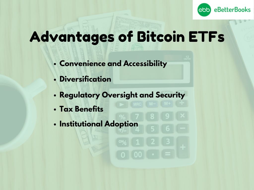 op Advantages of Bitcoin ETFs: Accessibility, Security, and Simplified Crypto Investing An infographic or visual representation highlighting the advantages of Bitcoin ETFs, including accessibility, regulatory compliance, diversification, and reduced risks of holding physical Bitcoin, with icons representing stock markets, Bitcoin symbols, and investment portfolios