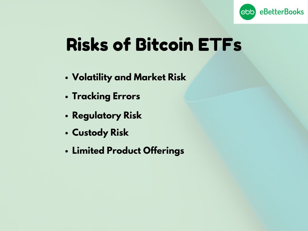Understanding the Risks of Bitcoin ETFs: Volatility, Regulation, and Market Challenges An infographic or visual representation outlining the risks of Bitcoin ETFs, including market volatility, tracking errors, regulatory uncertainties, and indirect exposure to Bitcoin, with icons representing risk warnings, price charts, and regulatory documents.