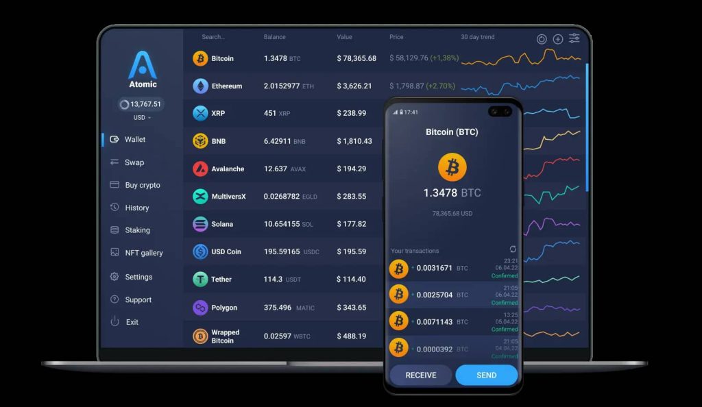 Atomic Wallet – A Secure and User-Friendly Multi-Currency Crypto Wallet for Managing Digital Assets. Atomic Wallet interface displaying multiple cryptocurrencies with intuitive features for securely managing and exchanging digital assets.