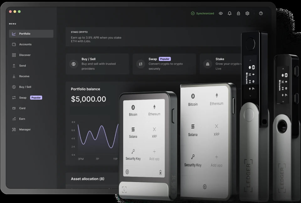 Ledger Wallets – Secure Non-Custodial Storage for Cryptocurrency (Nano S Plus, Nano X, Flex, Stax) A collection of Ledger hardware wallets, including Ledger Nano S Plus, Ledger Nano X, Ledger Flex, and Ledger Stax, displayed in a neat arrangement. These non-custodial crypto wallets provide enhanced security for storing and managing digital assets.